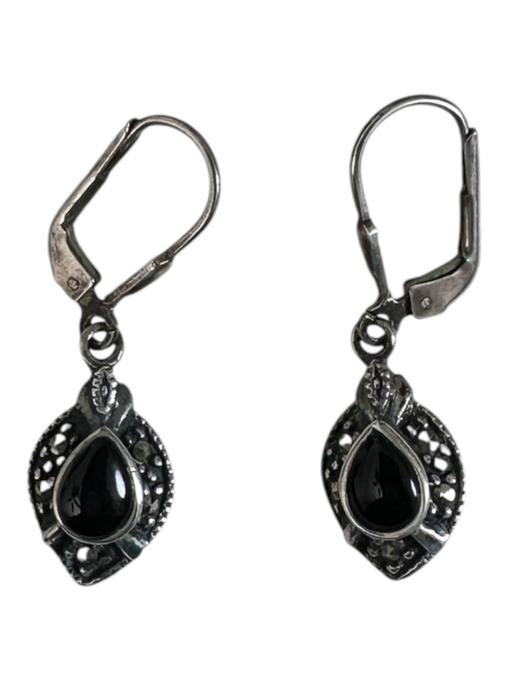 Silver Black Onyx Teardrop Dangle Earrings